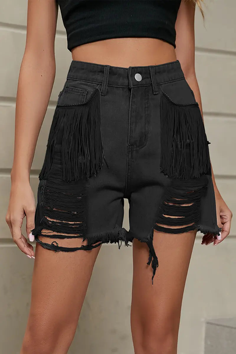 Fringe Washed Denim Shorts