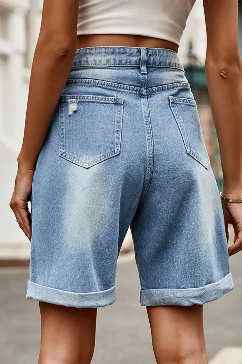 Distressed Cuffed Denim Bermuda Shorts