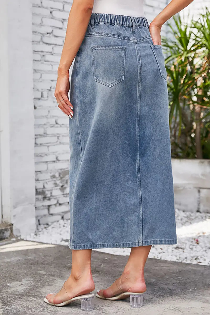 Gewassen elastische taille denim midi rok