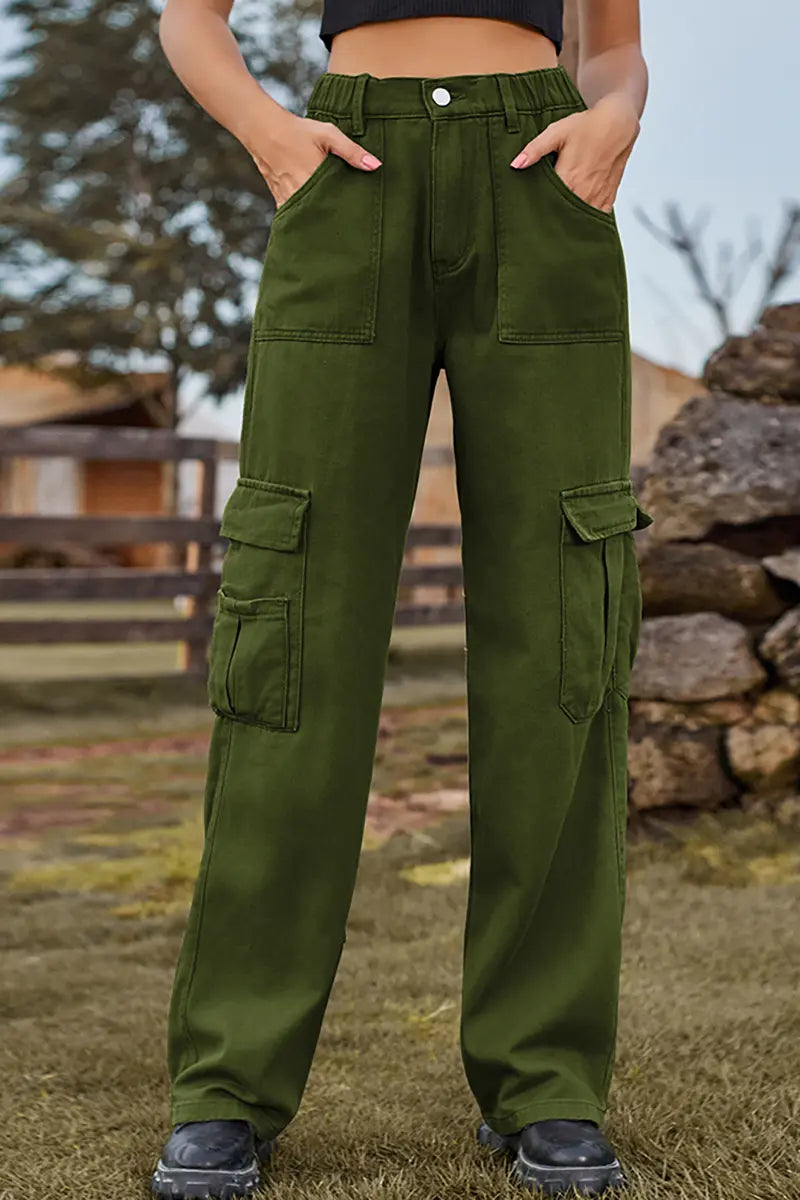 American Style Elastic-Waist Denim Cargo Pants