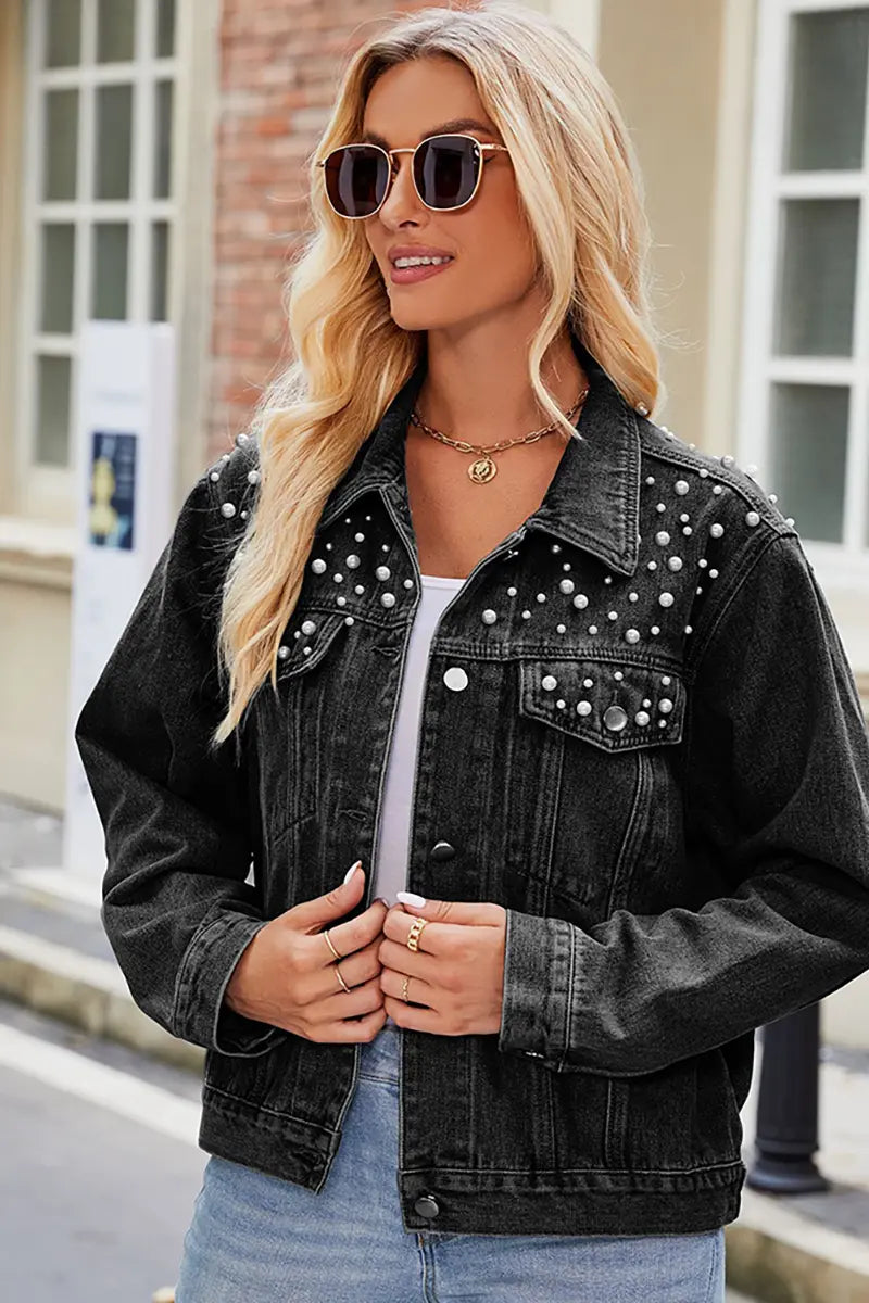 Slim-Fit Denimjack met Parel-Schouders