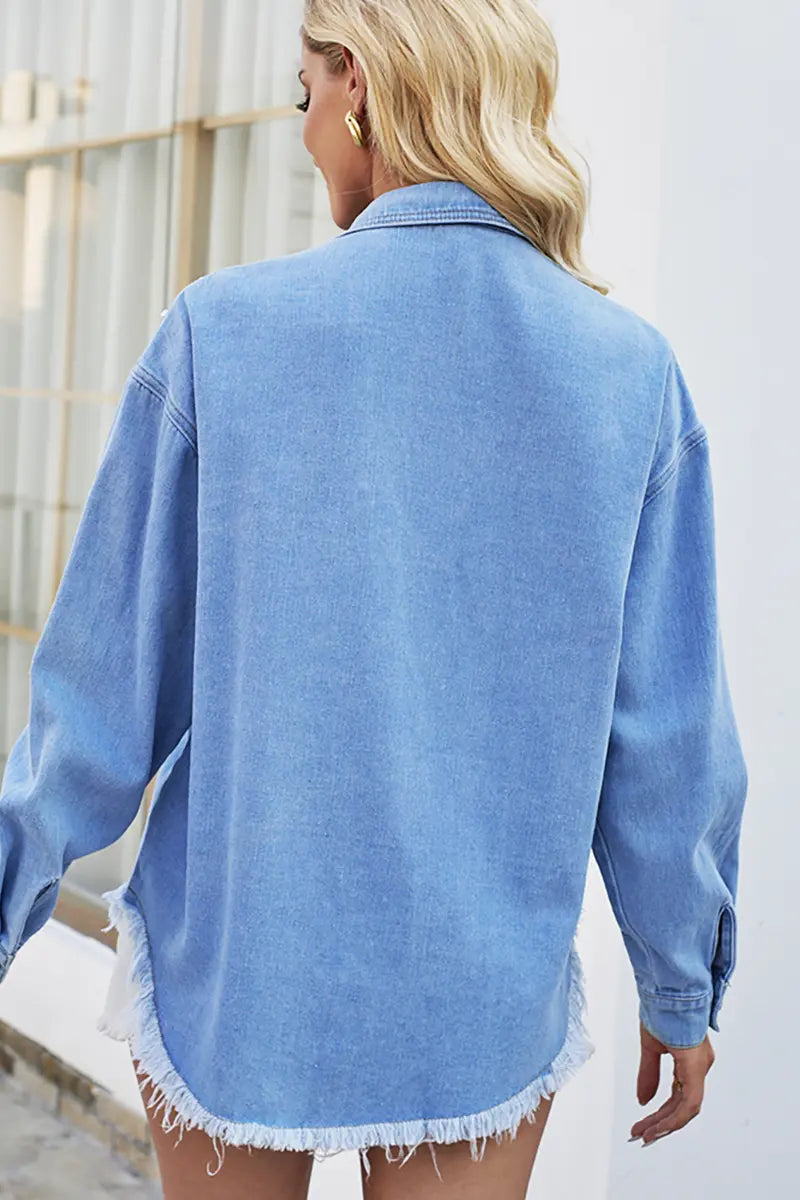 Beaded Frayed Oversized Denim Shirt