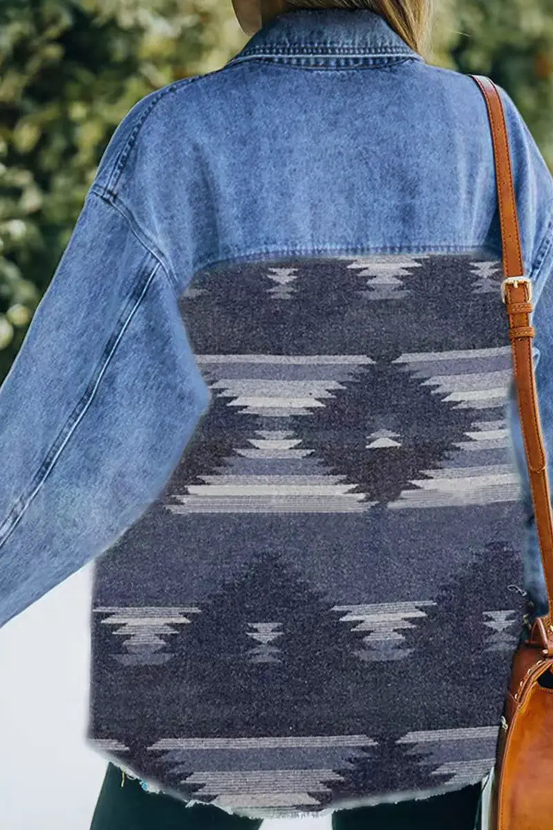 Boho Geometric Patchwork Denim Wool Coat