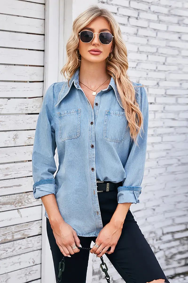 Vintage gewassen spitse kraag denim overhemd