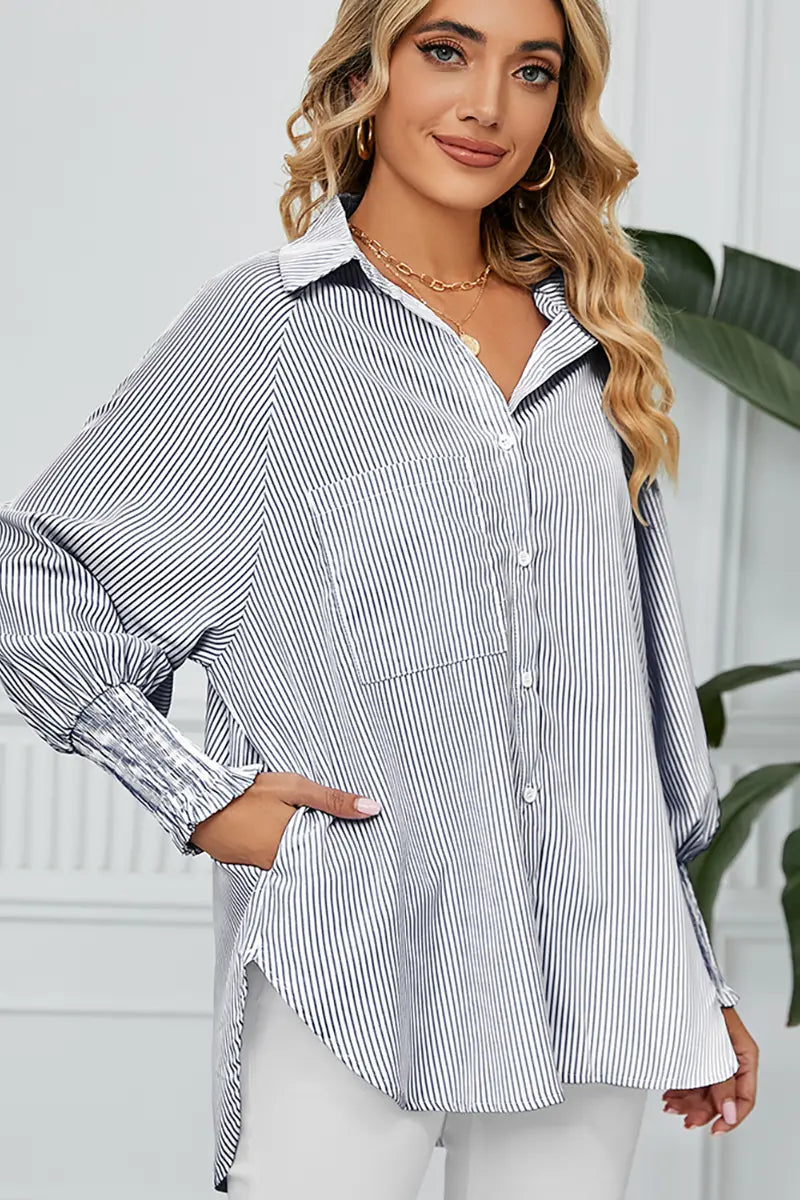 Loose-Fit Pleated Cuff Striped Shirt