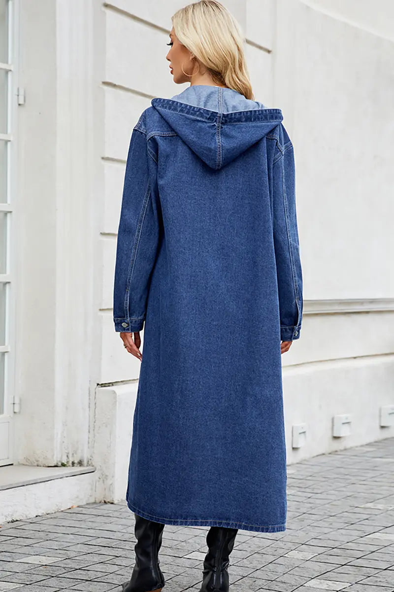 Hooded Long Denim Trench Coat