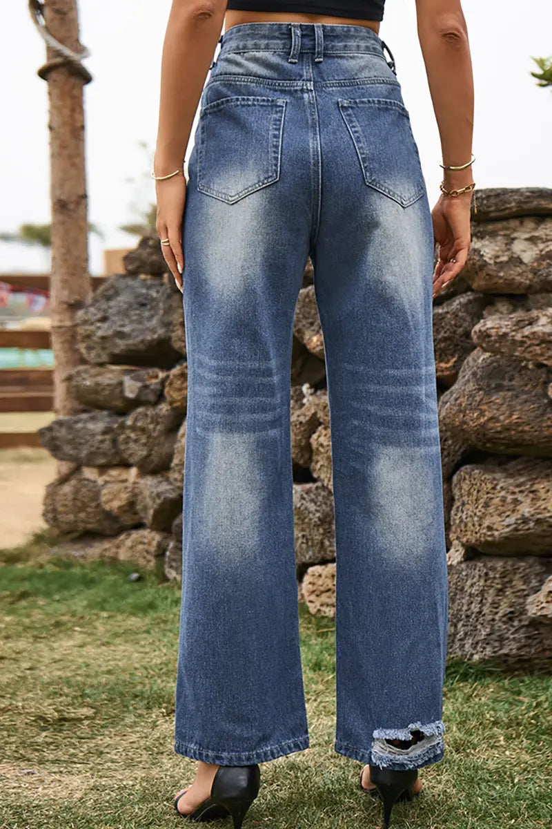 Trendy gescheurde wijde high-waist spijkerbroek