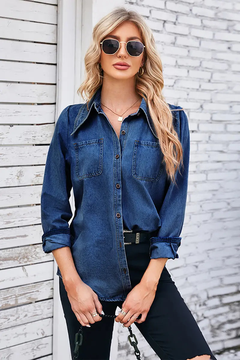 Vintage gewassen spitse kraag denim overhemd