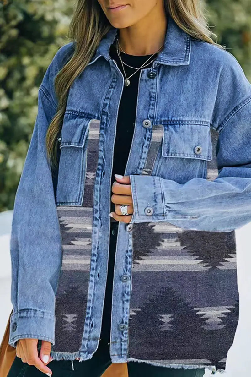 Boho Geometric Patchwork Denim Wool Coat