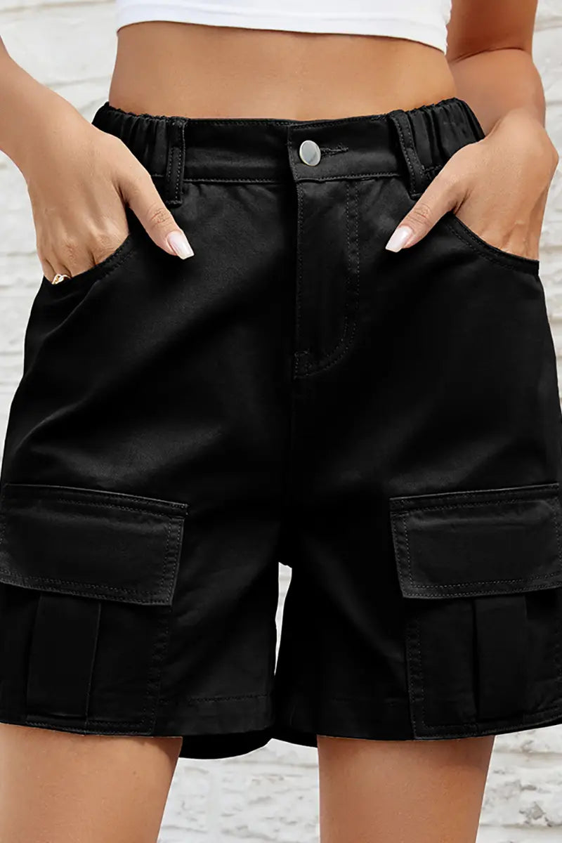 Gewassen elastische utility denim shorts