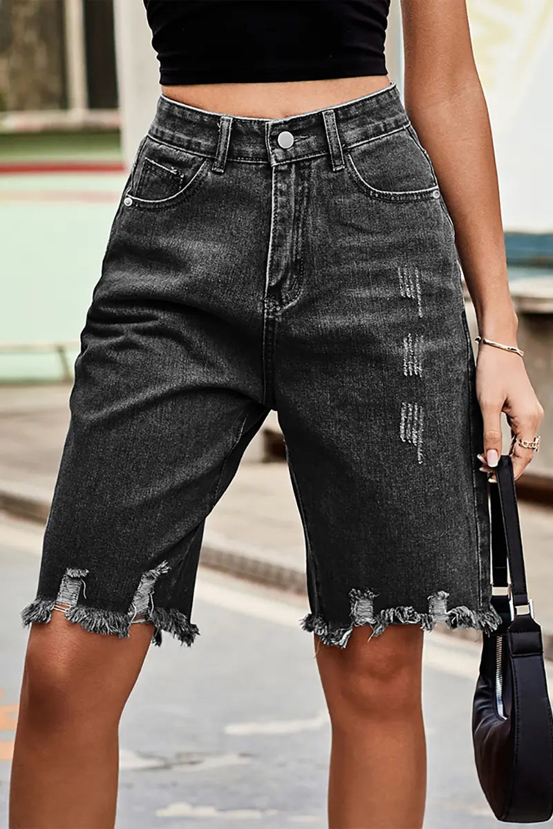 Distressed Fringe Hem Denim Shorts
