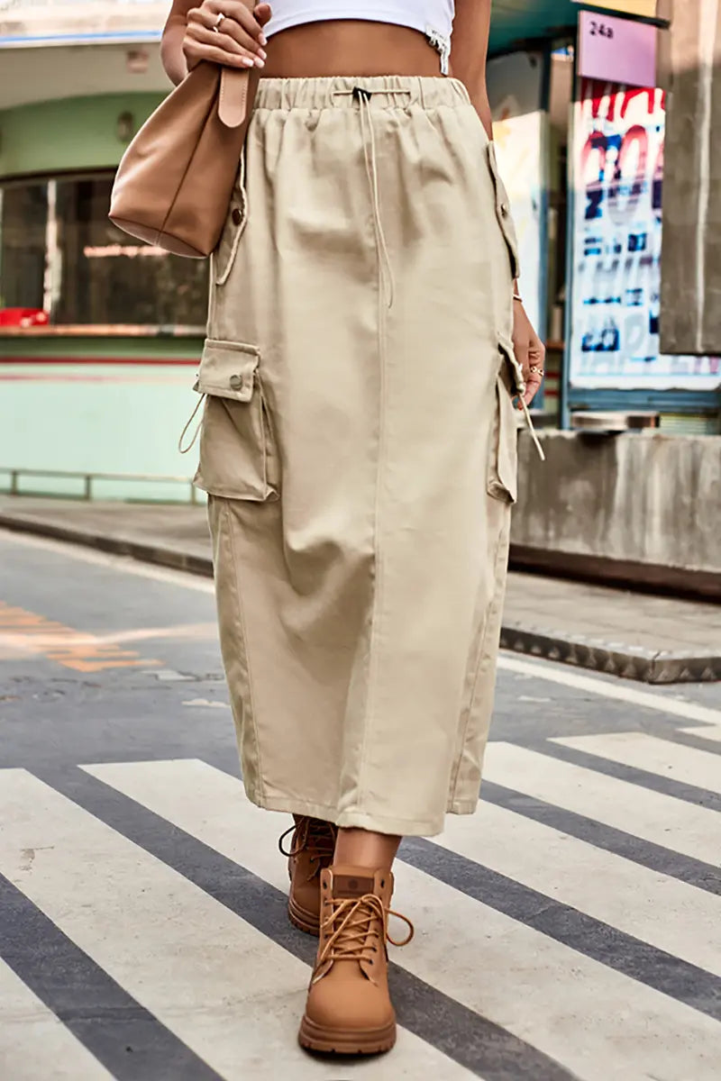 Drawstring Denim Cargo Midi Skirt