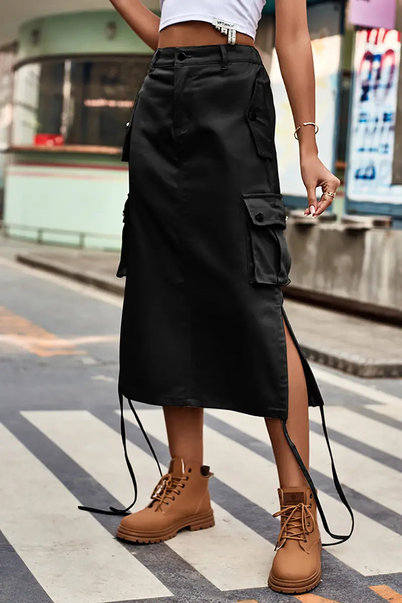Lace-Up Denim Cargo Skirt
