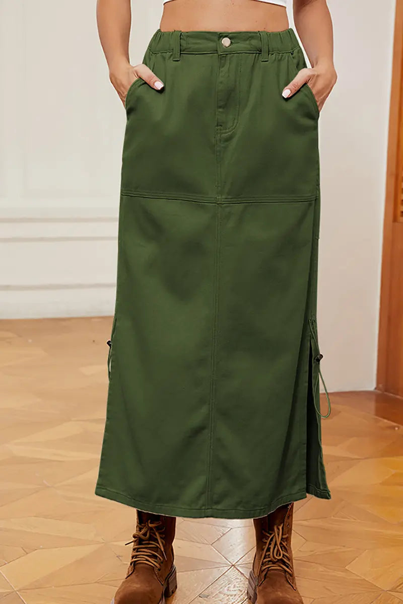 Drawstring Elastic Waist Denim Midi Skirt