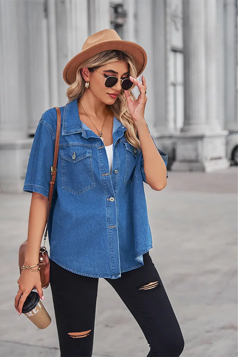Zacht gewassen denim korte mouw cardigan