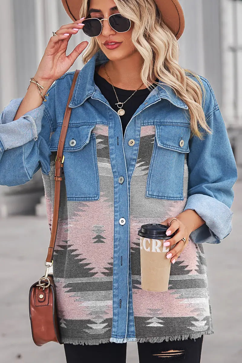 Aztec Geometric Long Denim Patchwork Wool Coat
