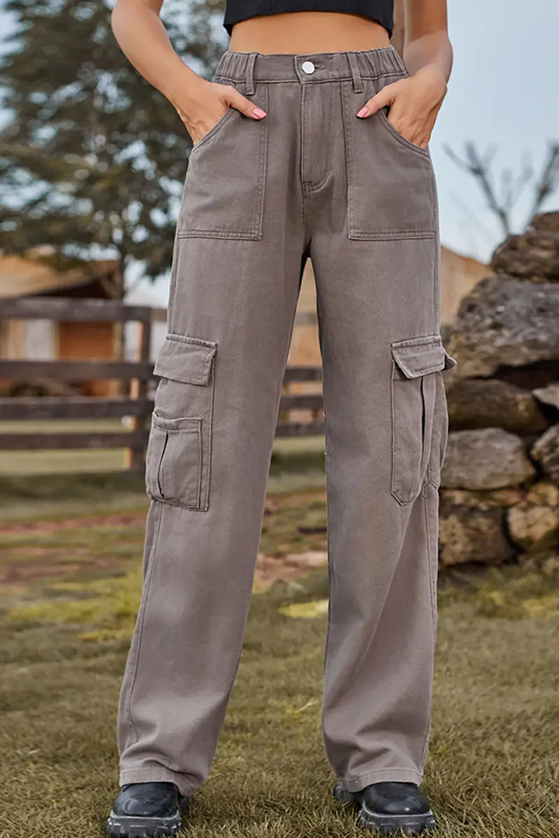 American Style Elastic-Waist Denim Cargo Pants