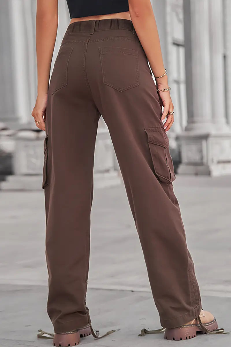 Casual Zipper Pocket Drawstring Denim Cargo Pants