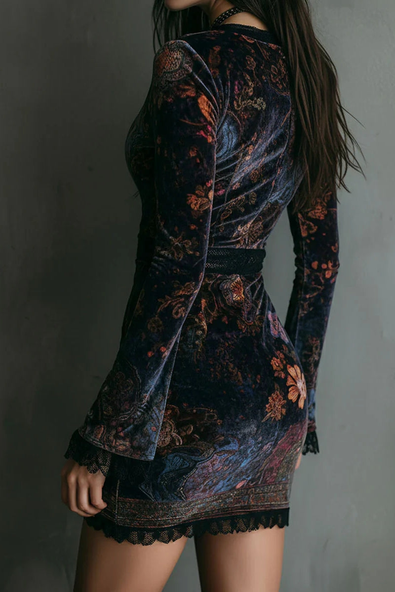 Floral Print V-neck Velvet Lace Trim Slim-fit Mini Dress