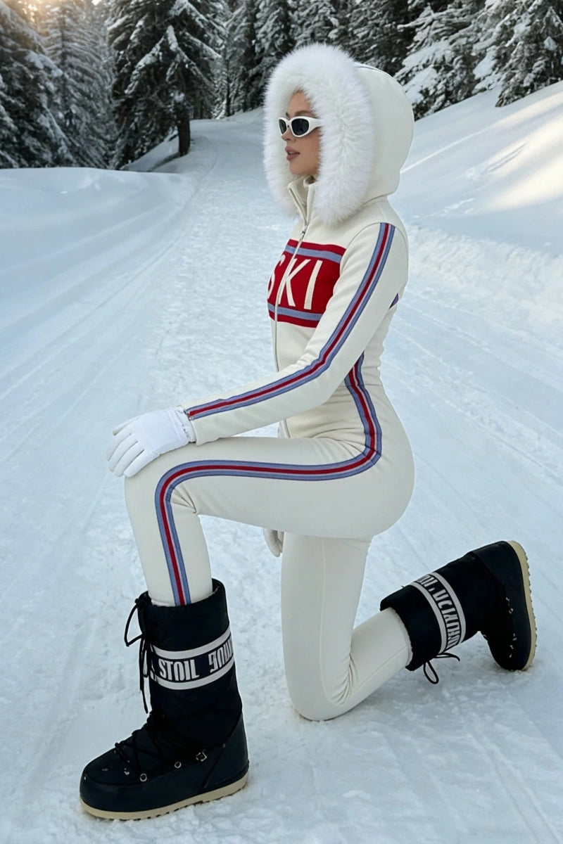 Cream Faux Fur Hood "SKI" Graphic Jumpsuit