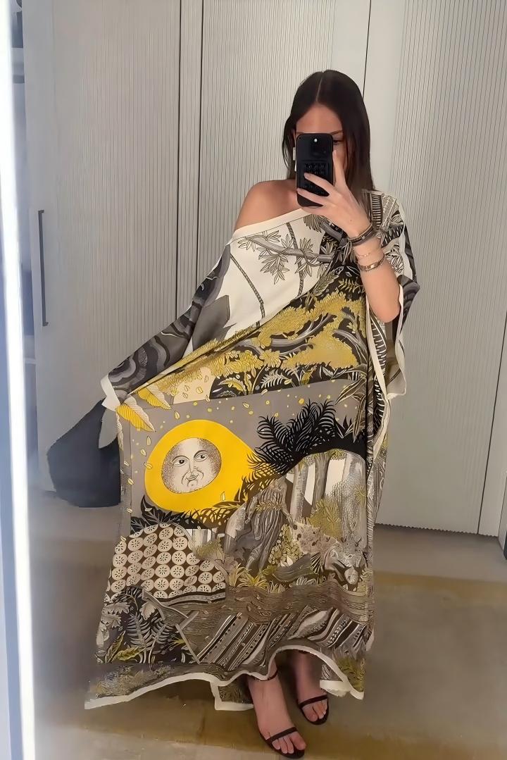One-Shoulder Shawl Wrap Vintage Print Maxi Dress
