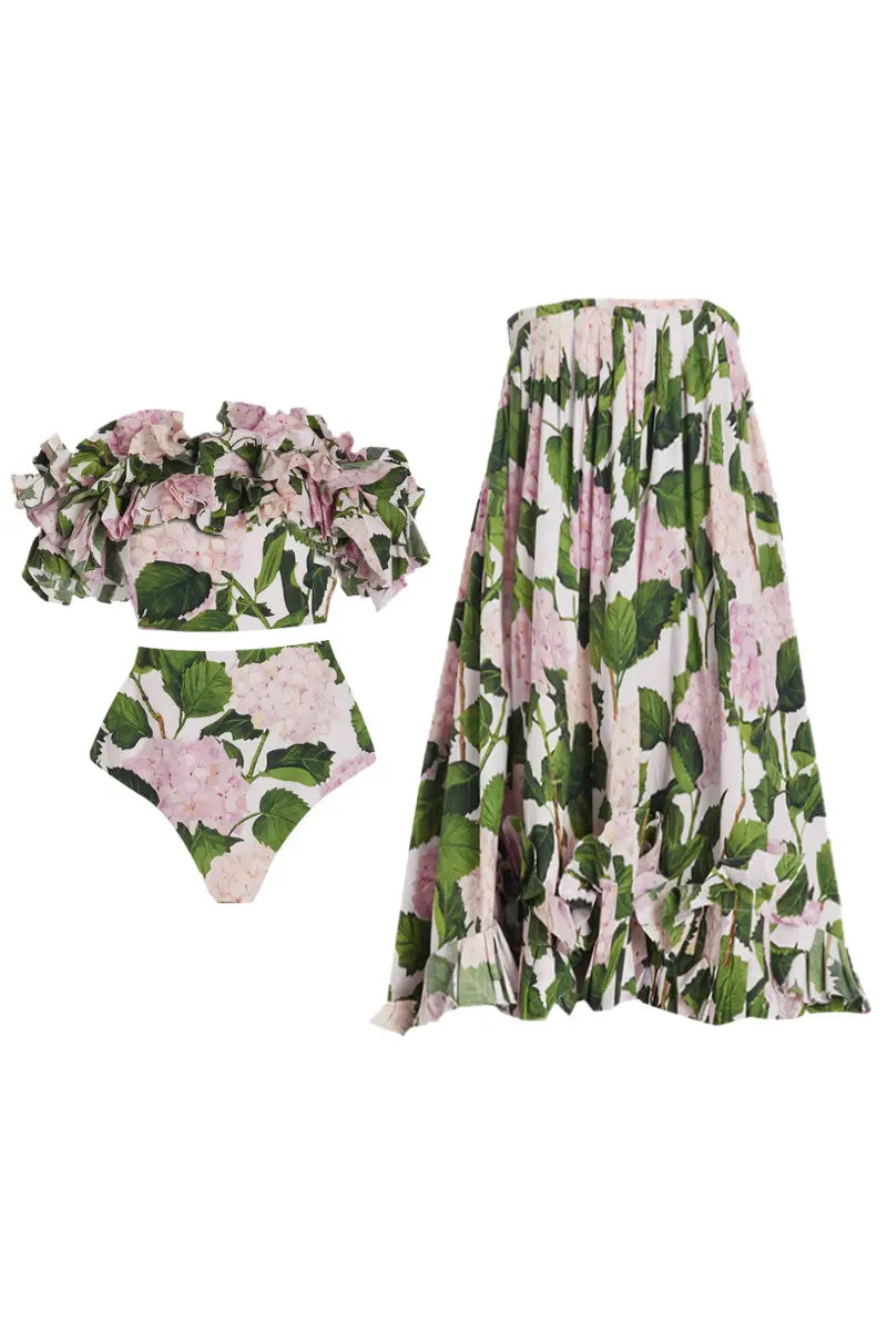 Ruffled Hydrangea Strapless Bikini Set