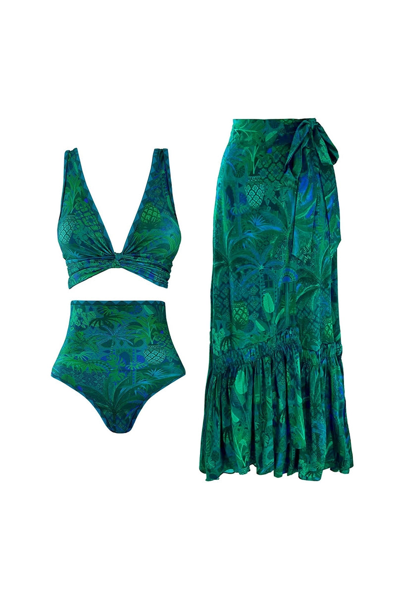 Reversible Green Print High-Waist Bikini Set