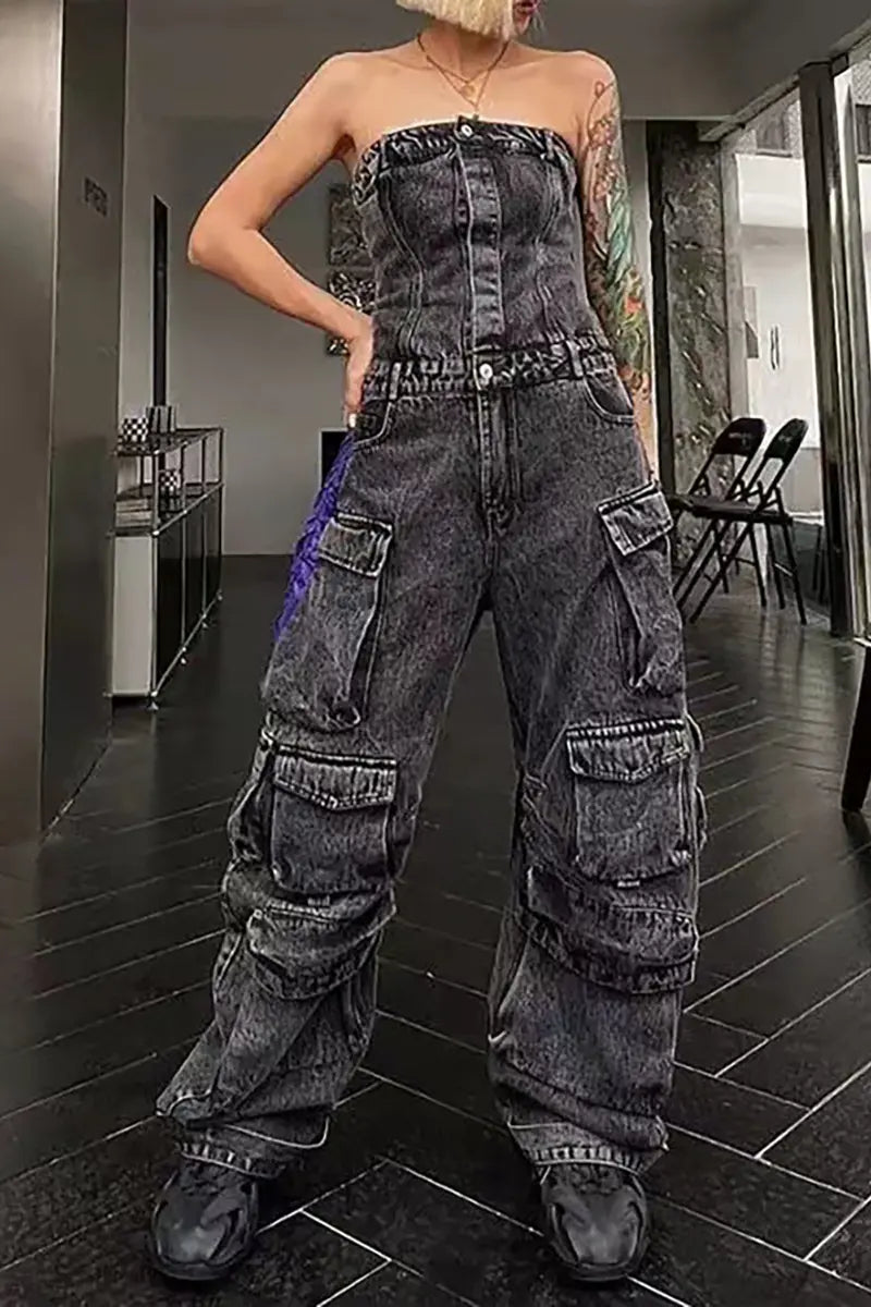 Streetstyle strapless denim jumpsuit