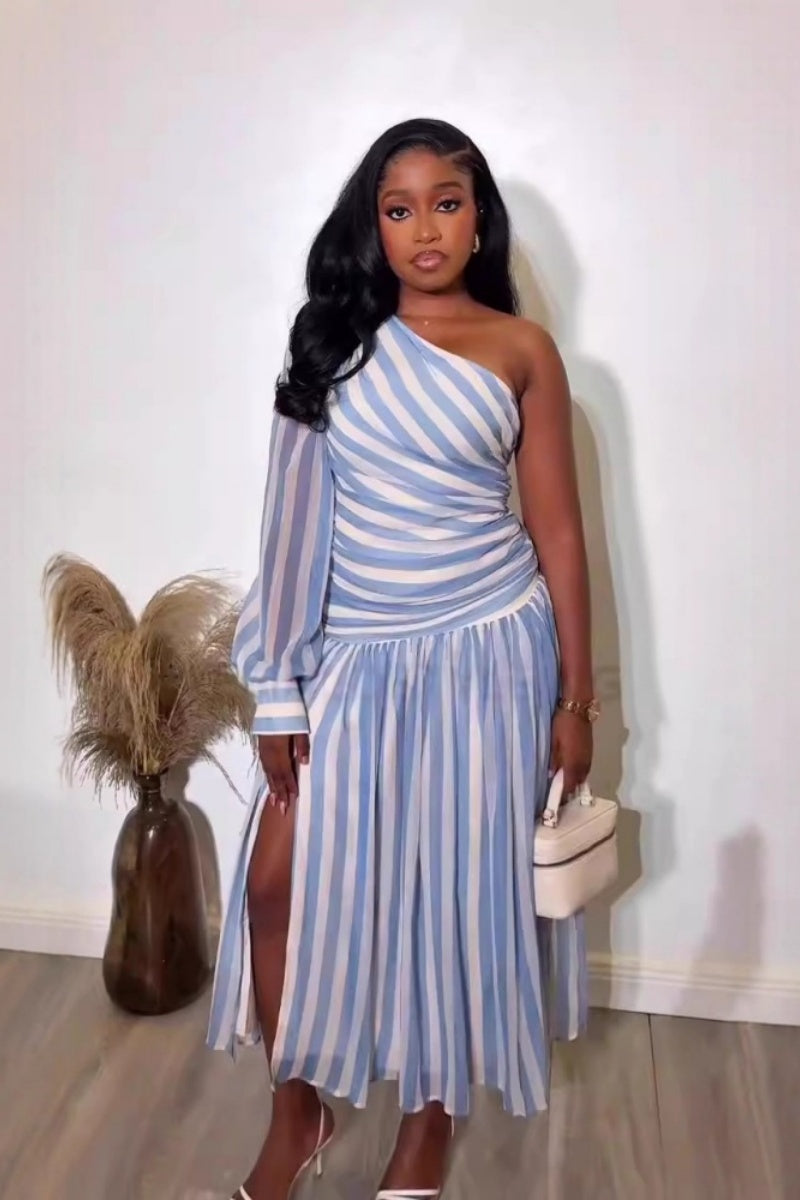 Off-Shoulder Slit Stripe Maxi Dress