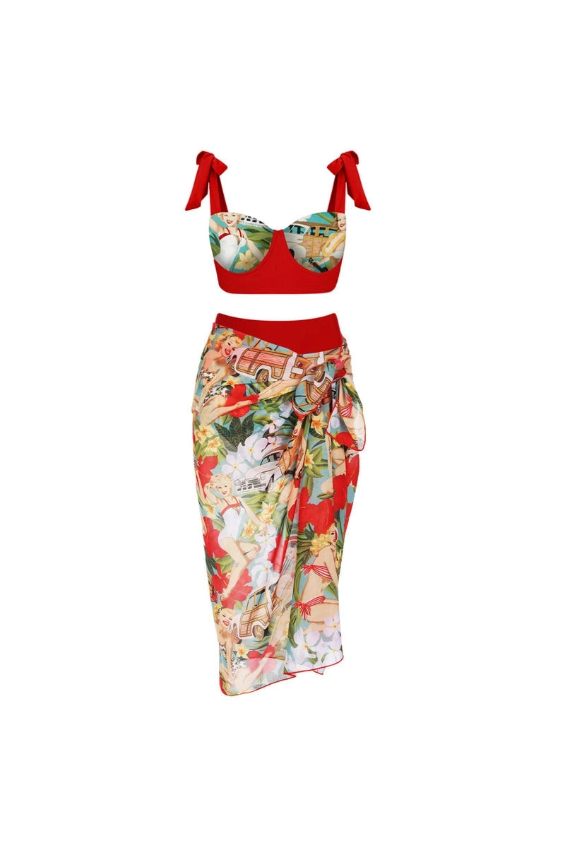 Striksluiting Hoge Taille Vintage Print Bikini Set