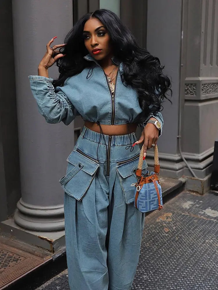 Vintage denim tweedelig met wijde pijpen