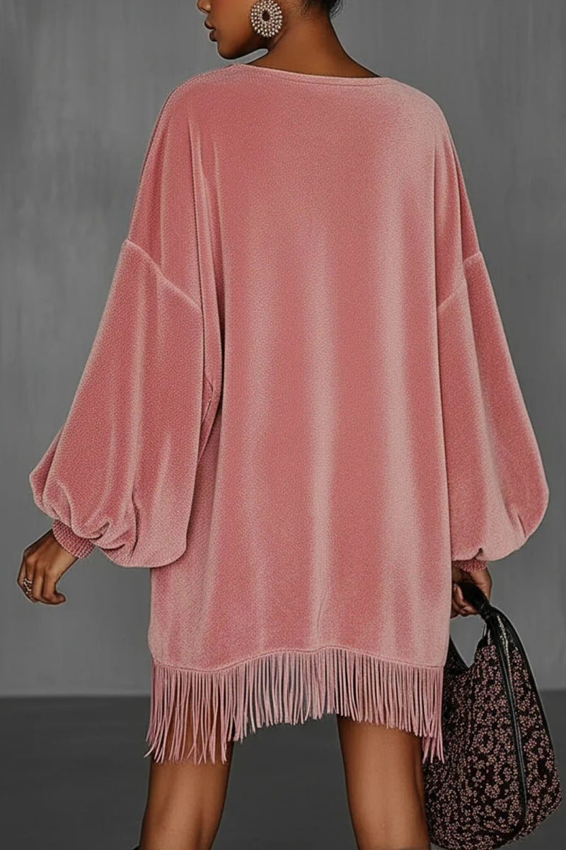 Oversized Pink Fringe Crew Neck Velvet Dress