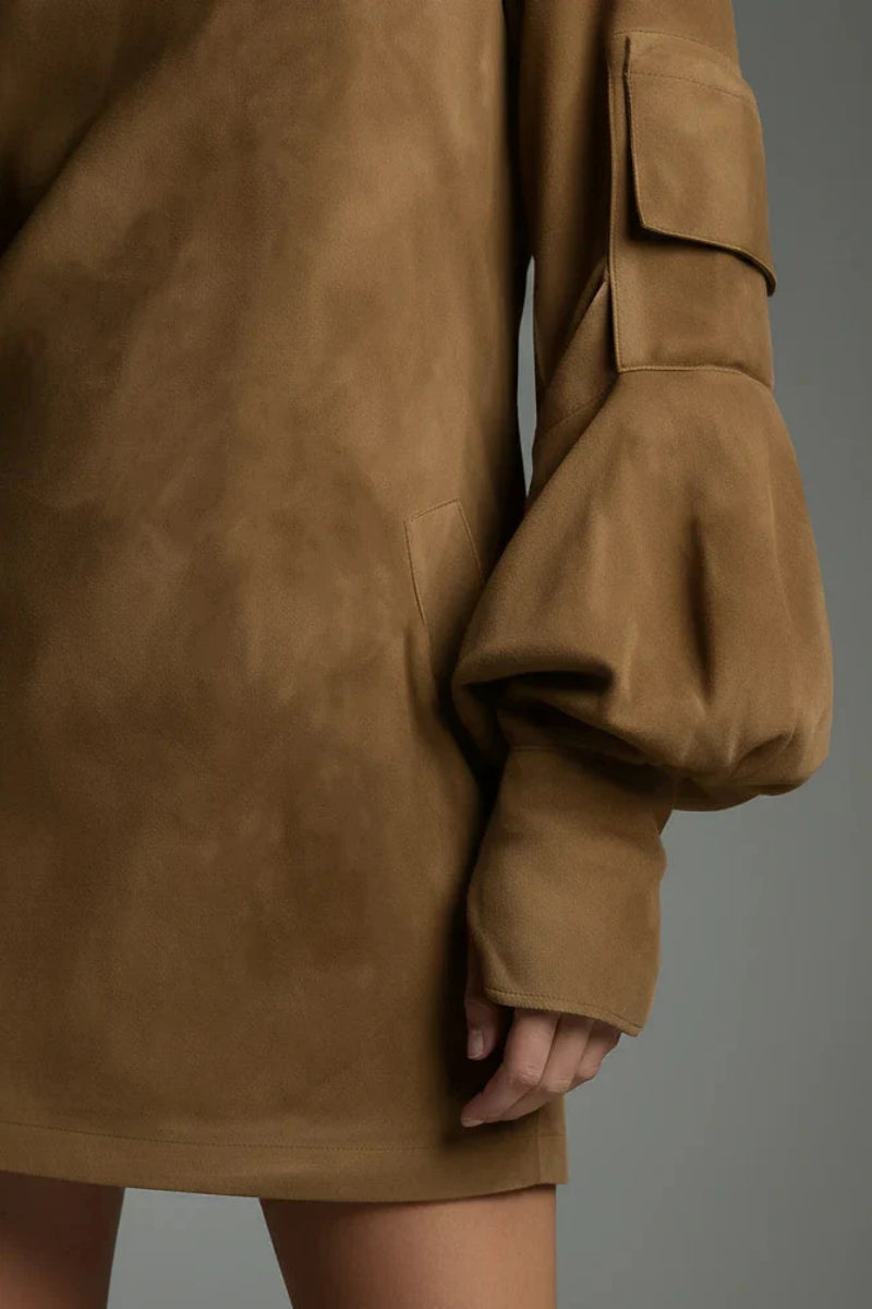 Vintage Loose Suede Turtleneck Mini Dress