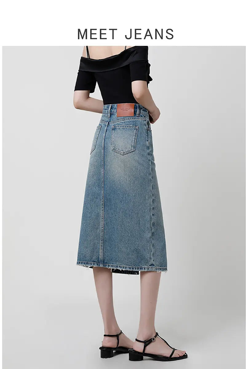 High-Waist Slit Denim Skirt