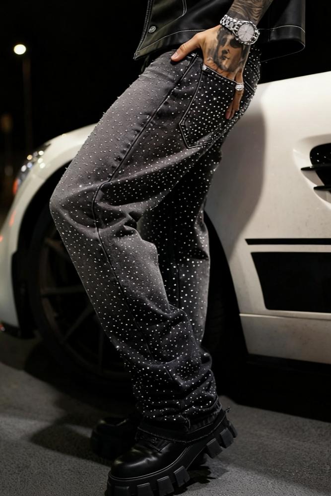 Crystal-Edged Black Flare Jeans