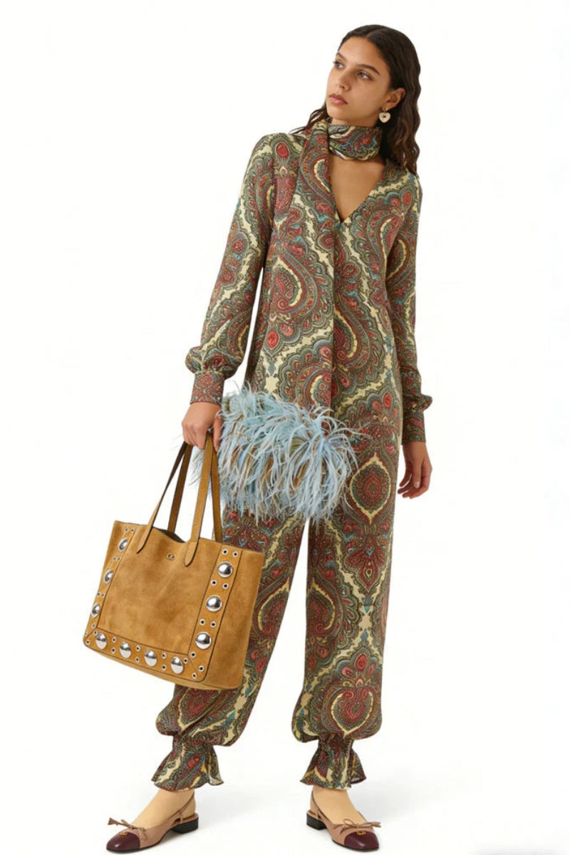 Paisley Print Relaxed Scarf Blouse & Elastic Hem Pants Set