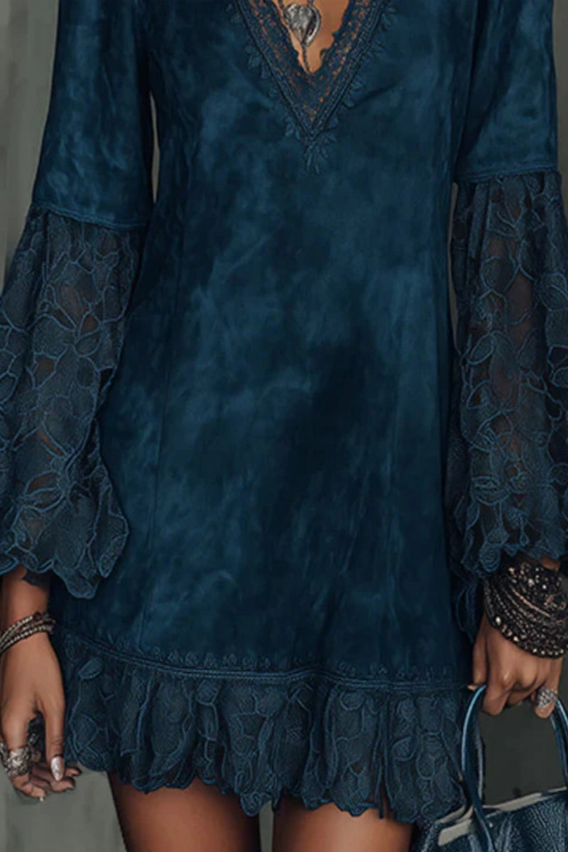 Faux Suede Flared Sleeve Lace Mini Dress