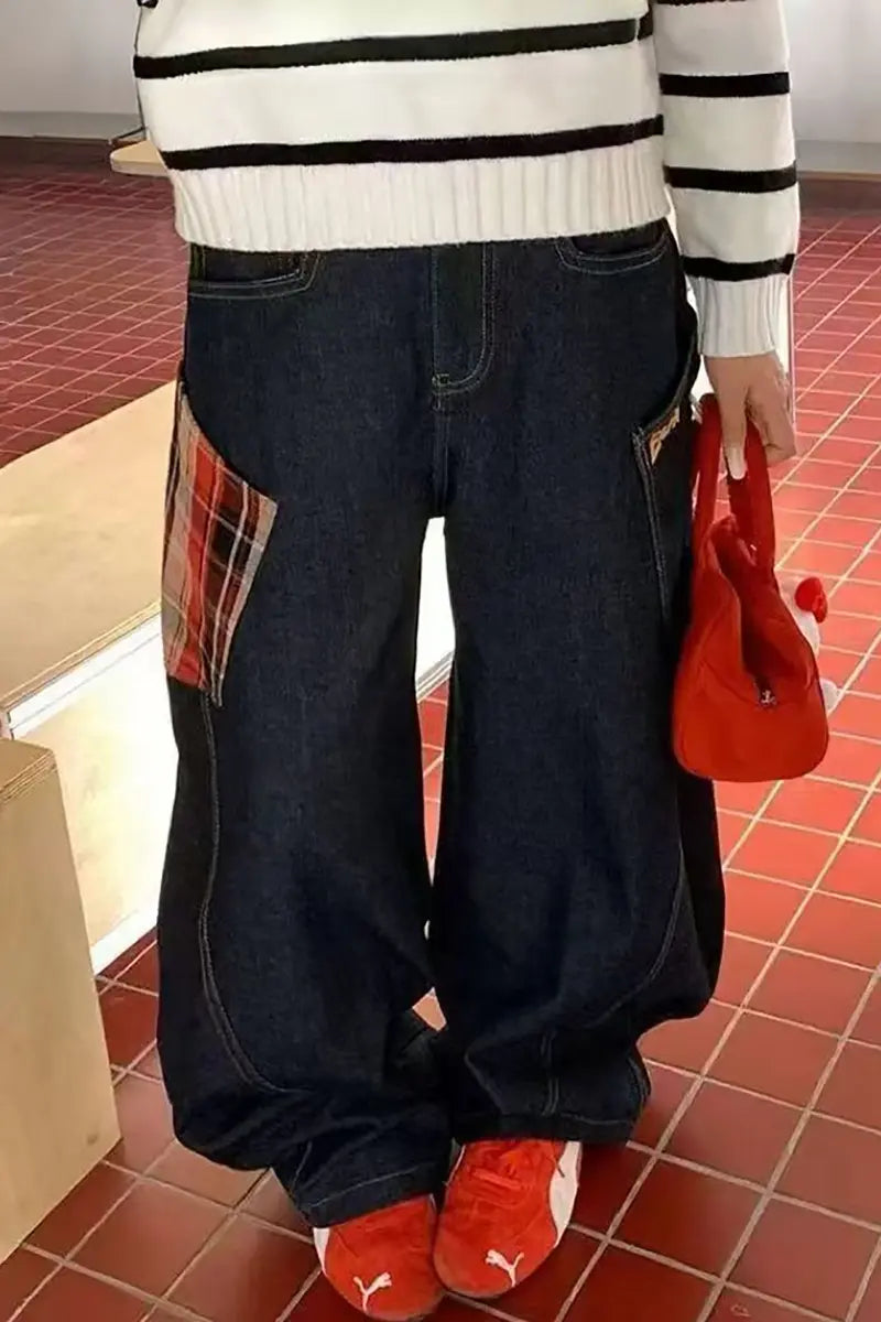 Retro geruite patchwork denim