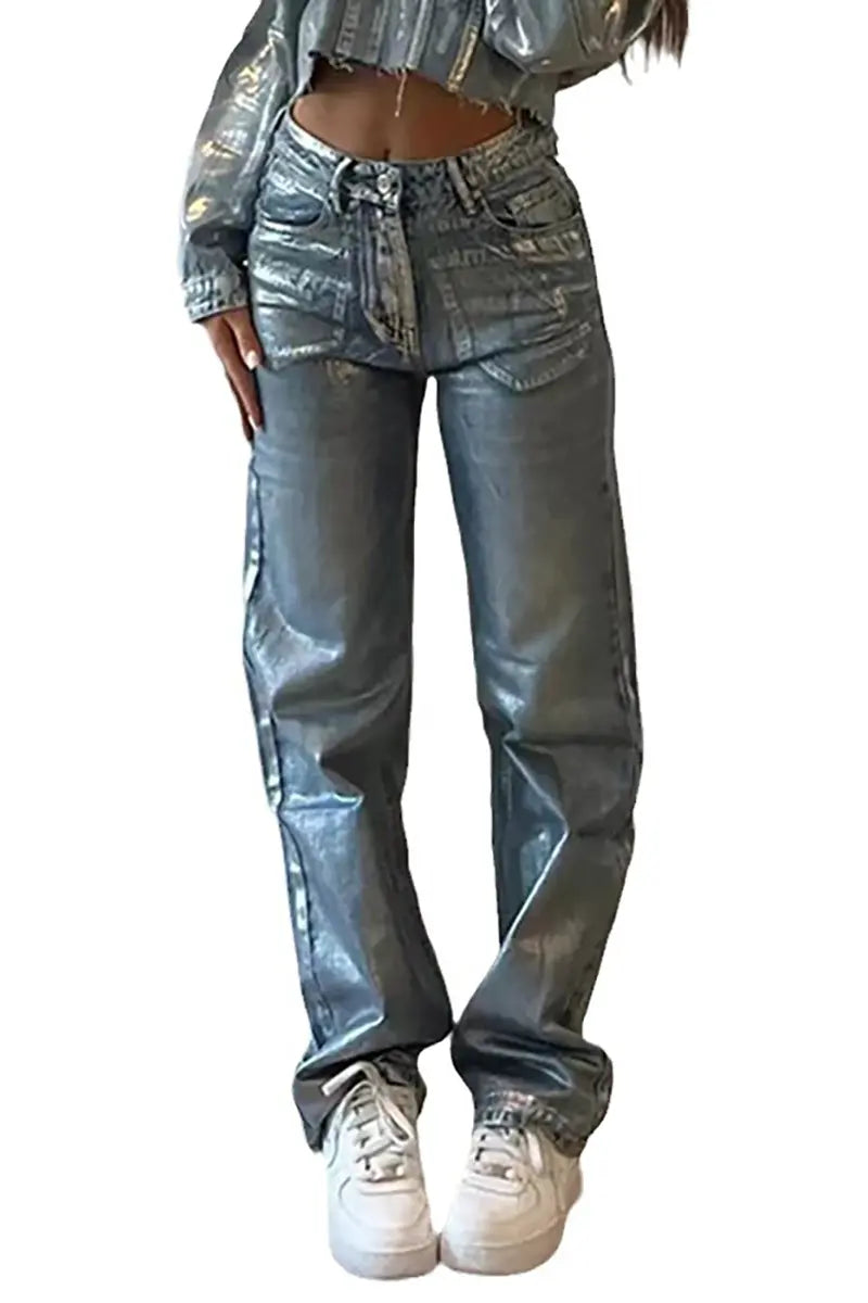 Metallic Accent Hoge Taille Jeans