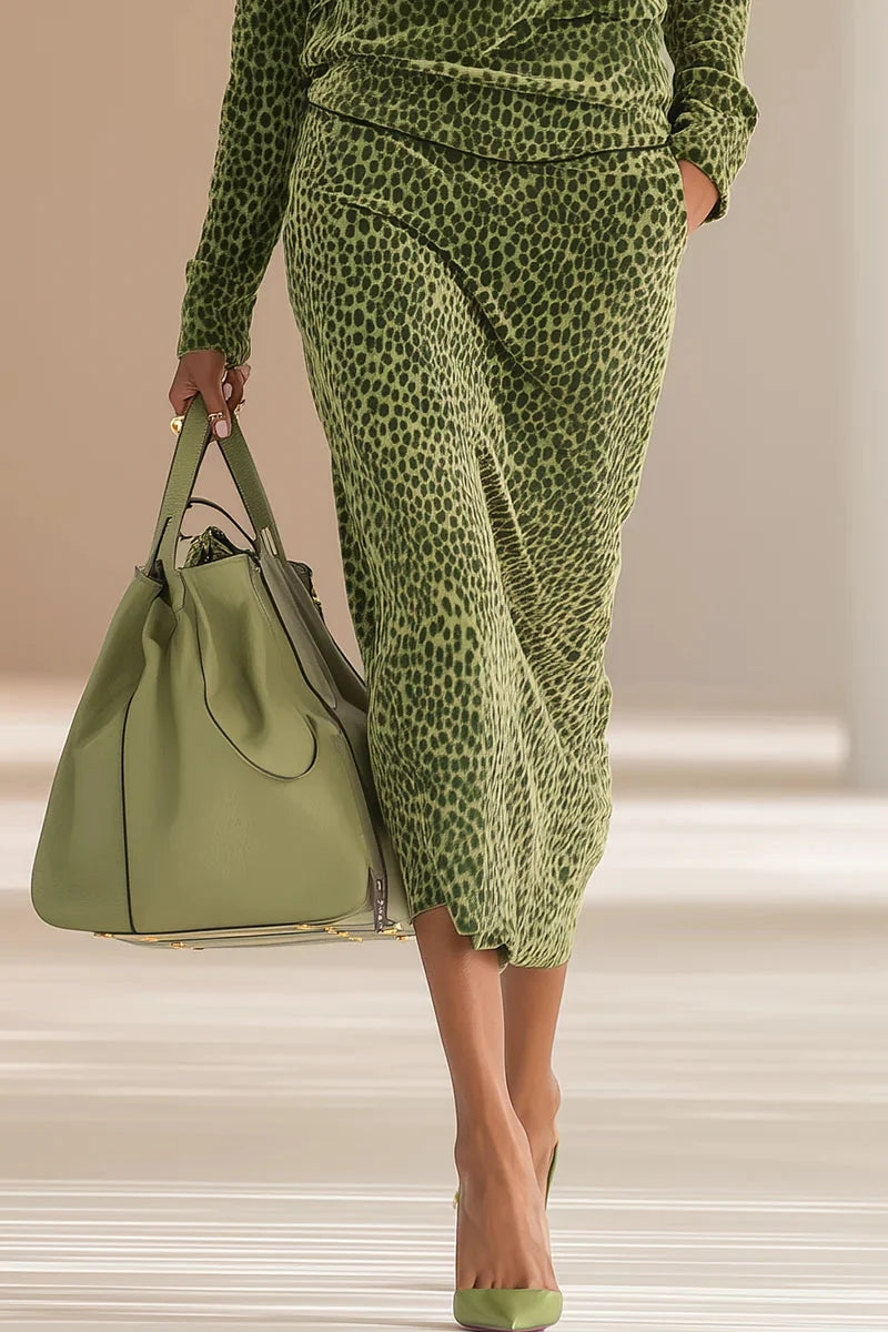 Retro Leopard Print Stand Collar Velvet Top + Skirt Set
