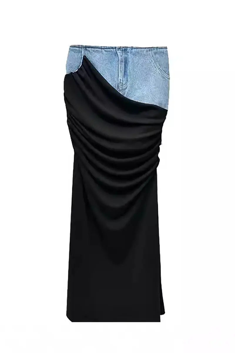 Black Ruched Denim Skirt