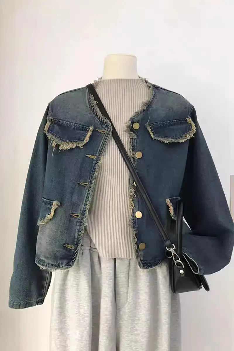 Vintage ronde hals versleten denim