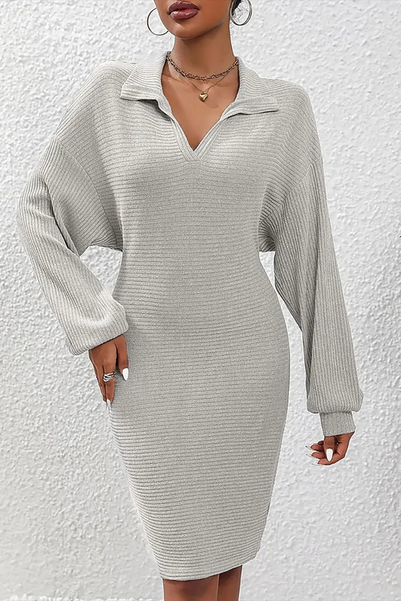 Knit Long-Sleeve V-Neck Bodycon Dress