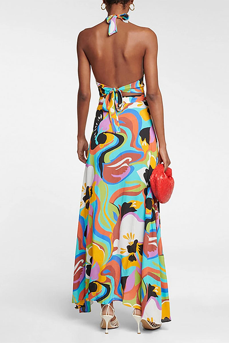 Deep V Halter Neck Print Sexy Swimsuit Set