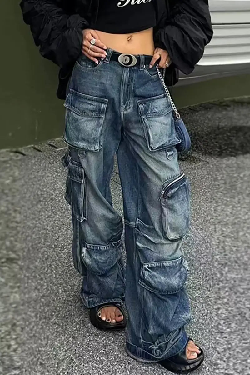 Vintage denim werkbroek met meerdere zakken