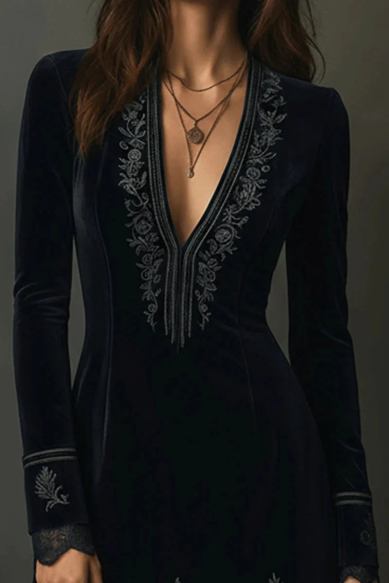 Retro Black Velvet Embroidered Lace Trim Mini Dress