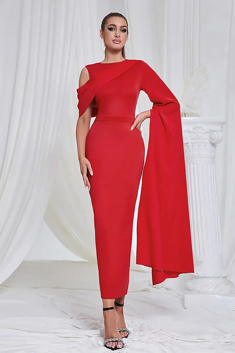 Asymmetrical Shoulder Slit Evening Dress