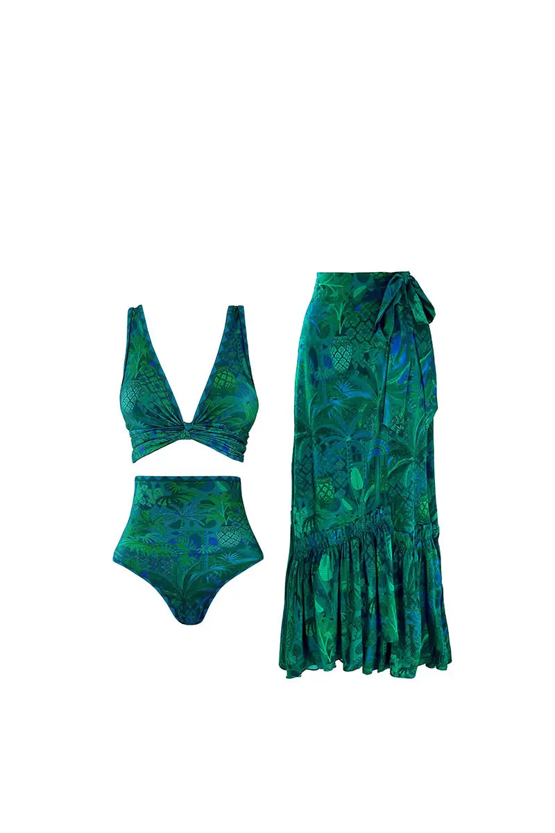Omkeerbare groene print bikini set met hoge taille
