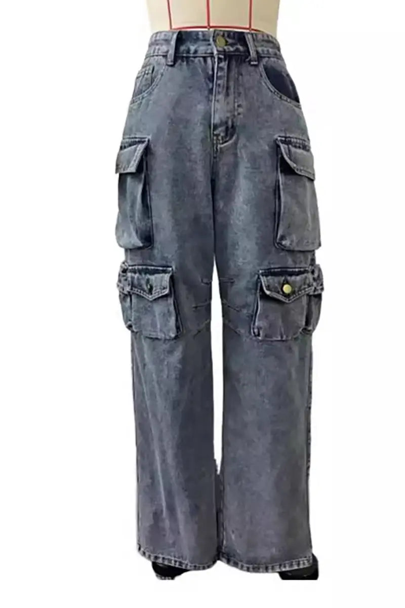 High-Waisted Cargo Jeans Trousers
