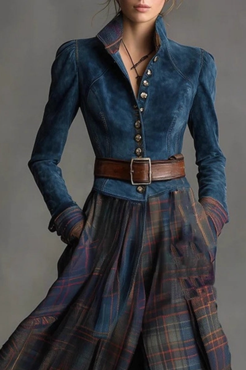 Retro Ethnic Style Blue Faux Suede Plaid Maxi Dress(Includes belt)